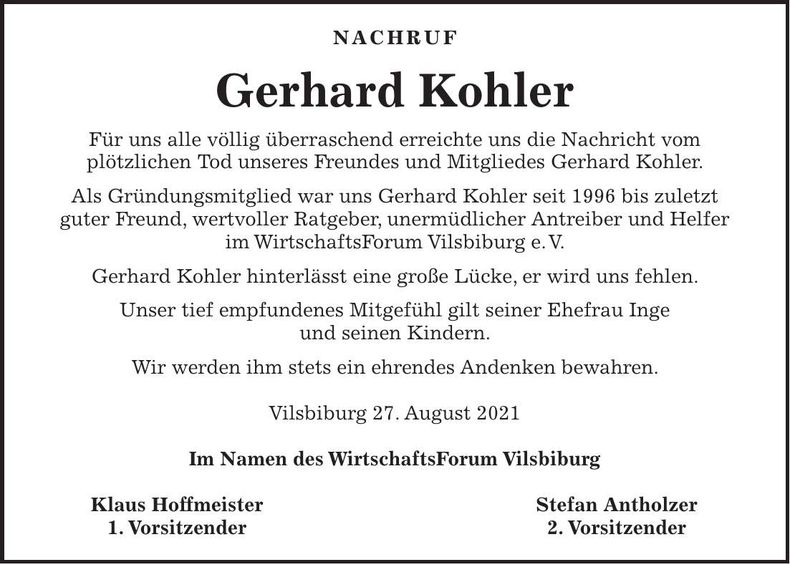Traueranzeige Gerhard Kohler