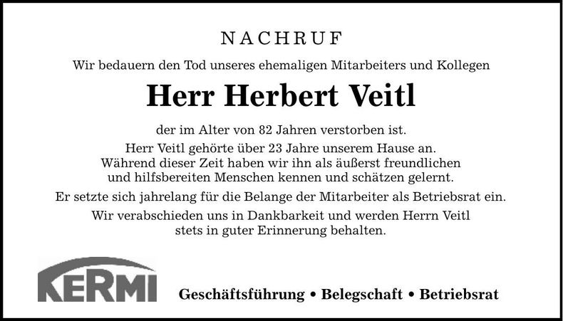 Traueranzeige Herbert Veilt
