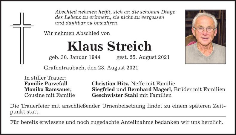 Traueranzeige Klaus Streich