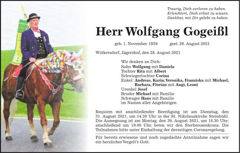 Traueranzeige Wolfgang Gogeißl