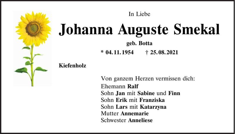 Traueranzeige Johanna Auguste Smekal