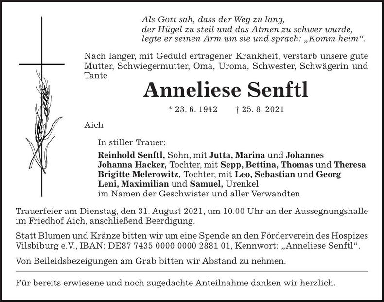 Traueranzeige Anneliese Senftl