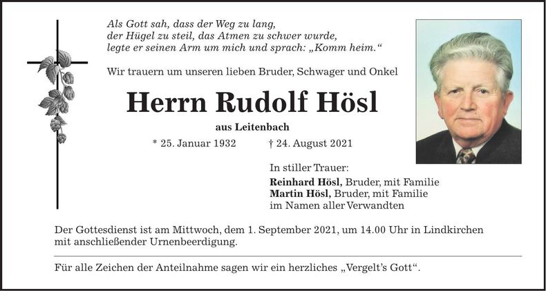 Traueranzeige Rudolf Hösl
