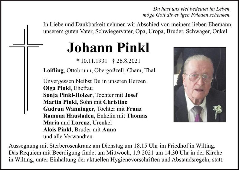 Traueranzeige Johann Pinkl
