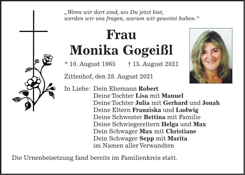 Traueranzeige Monika Gogeißl