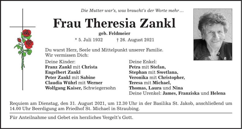 Traueranzeige Theresia Zankl