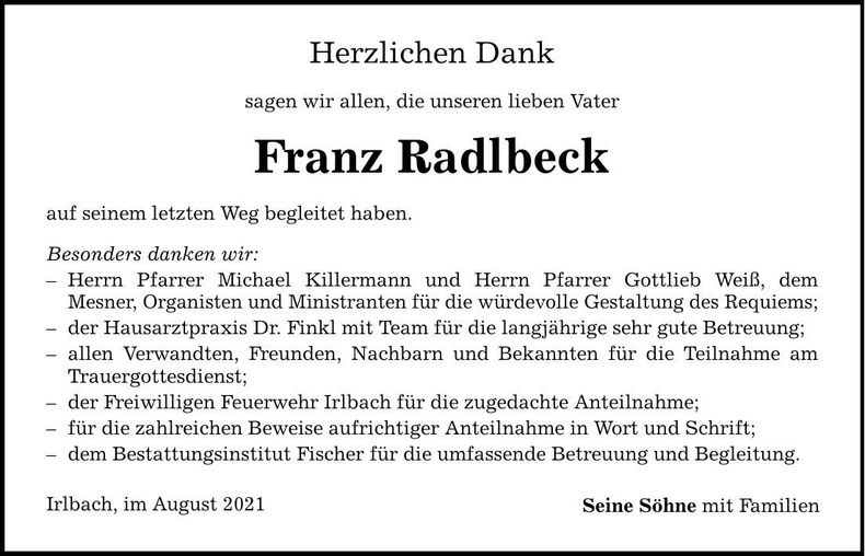 Traueranzeige Franz Radlbeck
