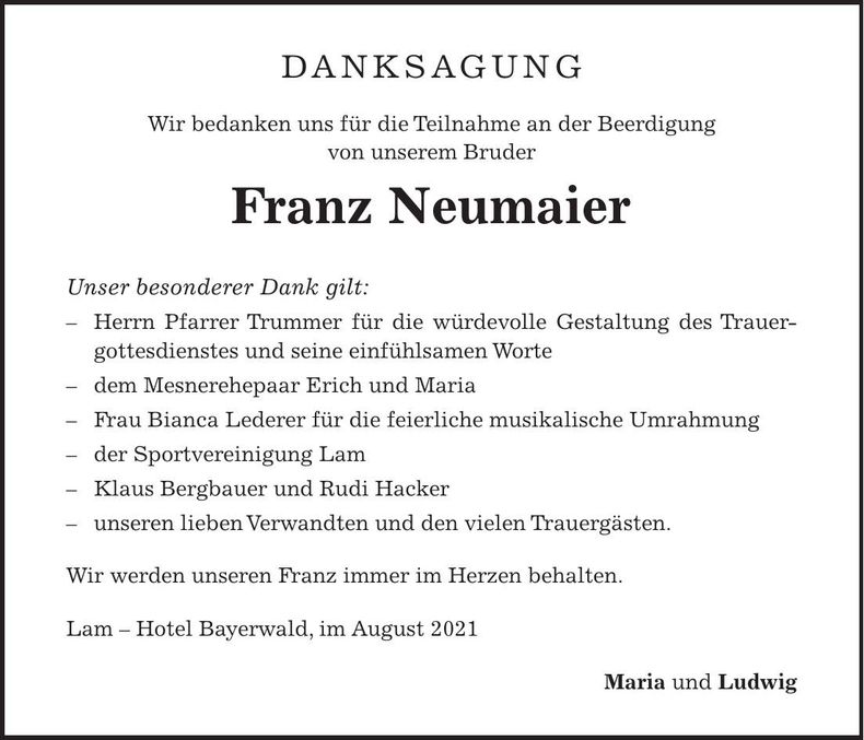 Traueranzeige Franz Neumaier