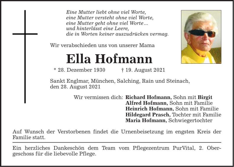 Traueranzeige Ella Hofmann