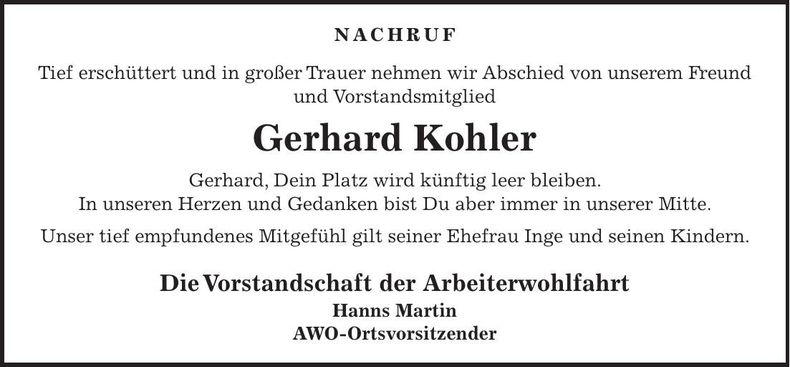 Traueranzeige Gerhard Kohler