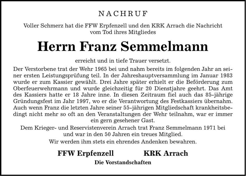 Traueranzeige Franz Semmelmann