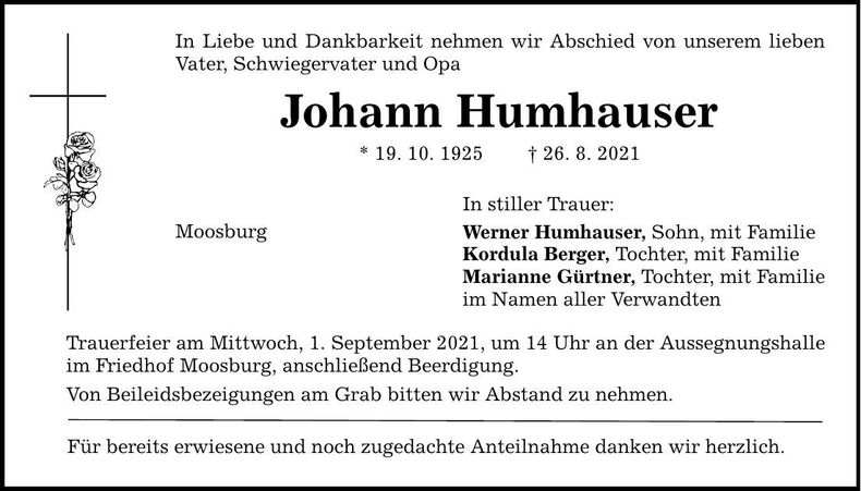Traueranzeige Johann Humhauser