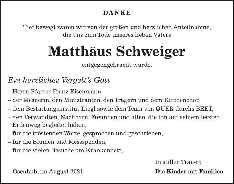 Traueranzeige Matthäus Schweiger