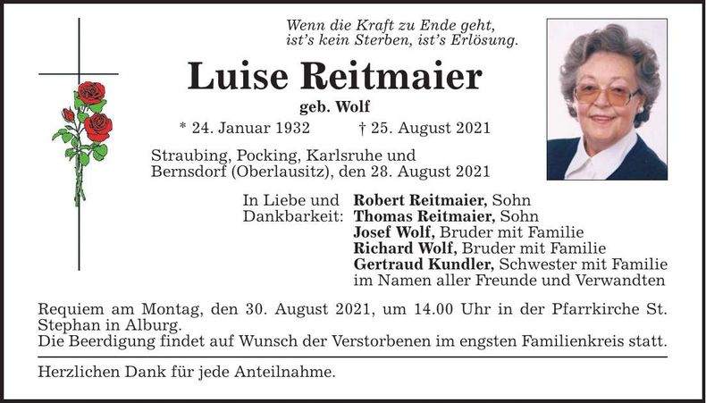 Traueranzeige Luise Reitmaier