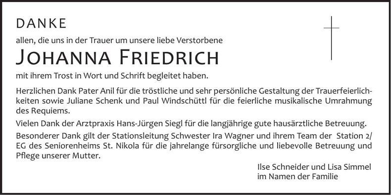 Traueranzeige Johanna Friedrich