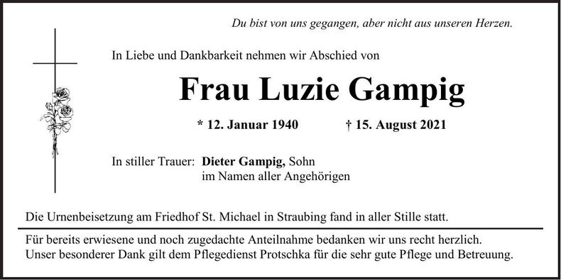 Traueranzeige Luzie Gampig