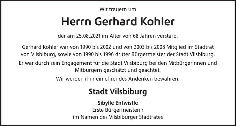 Traueranzeige Gerhard Kohler