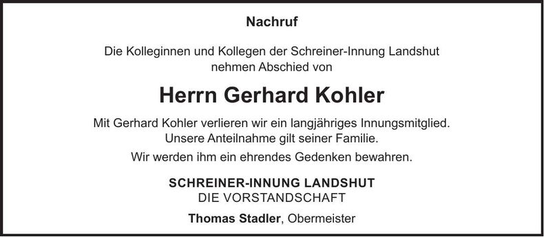 Traueranzeige Gerhard Kohler