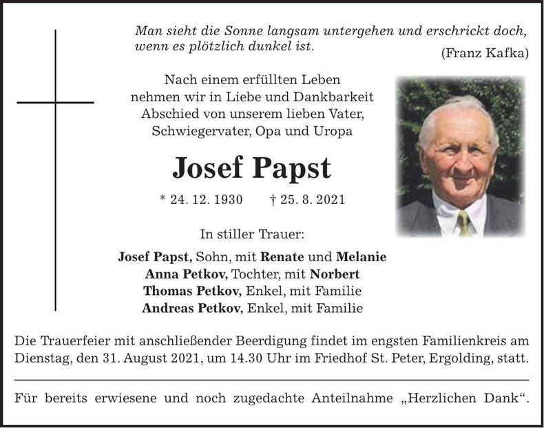 Traueranzeige Josef Papst