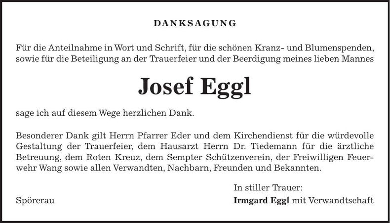 Traueranzeige Josef Eggl