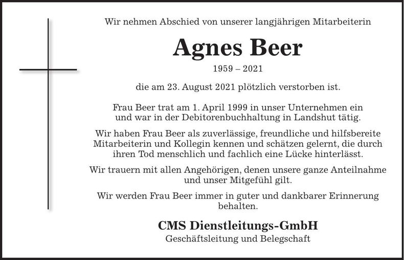 Traueranzeige Agnes Beer