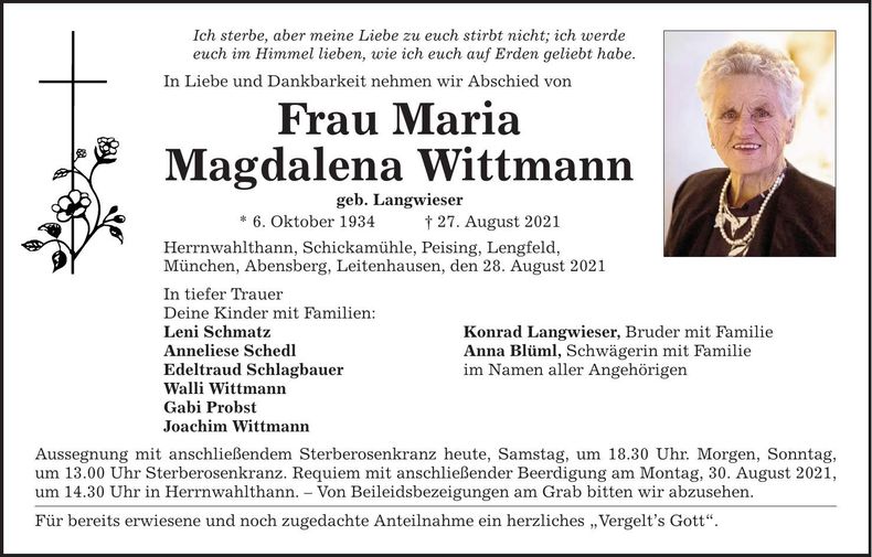 Traueranzeige Maria Magdalena Wittmann