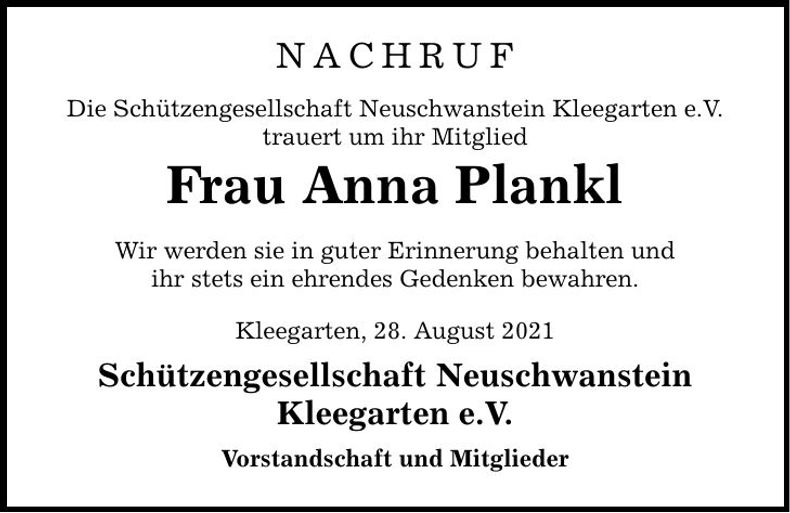 Traueranzeige Anna Plankl