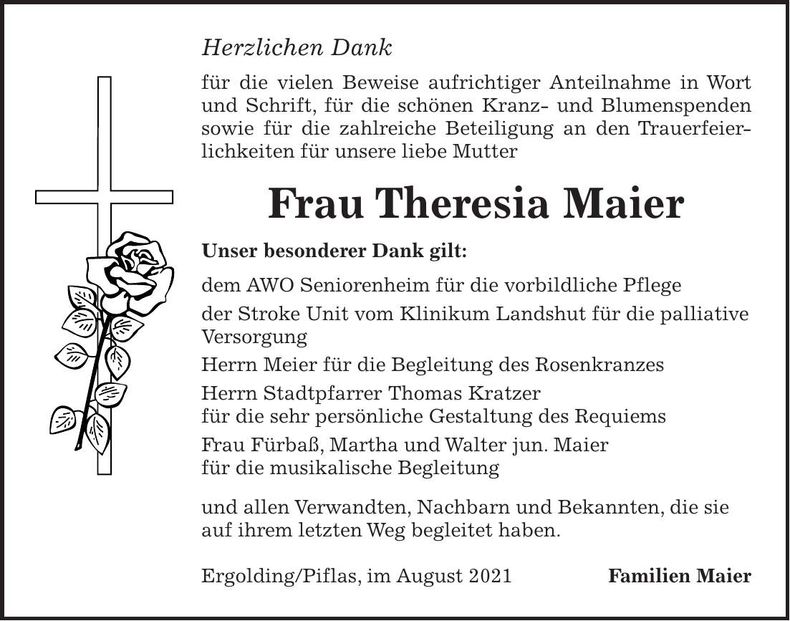 Traueranzeige Theresia Maier