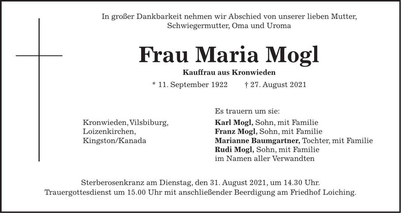 Traueranzeige Maria Mogl