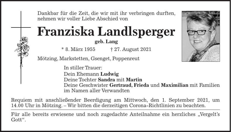 Traueranzeige Franziska Landlsperger