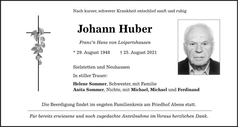 Traueranzeige Johann Huber