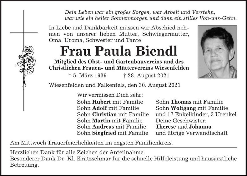 Traueranzeige Paula Biendl