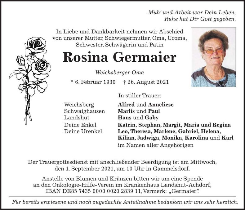 Traueranzeige Rosina Germaier