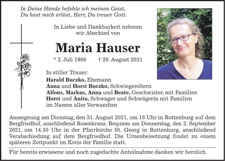 Traueranzeige Maria Hauser