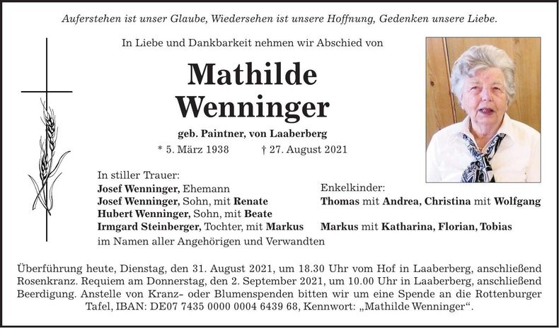 Traueranzeige Mathilde Wenninger