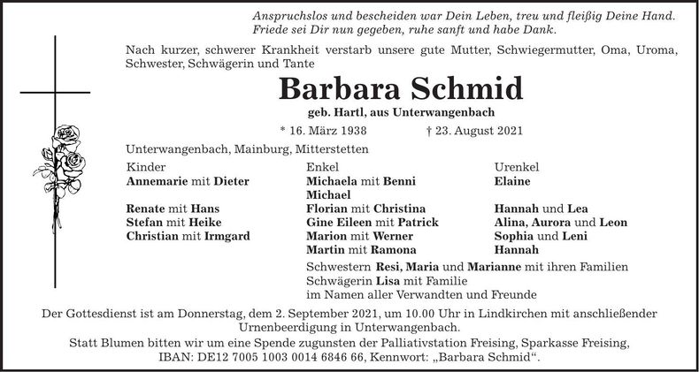 Traueranzeige Barbara Schmid