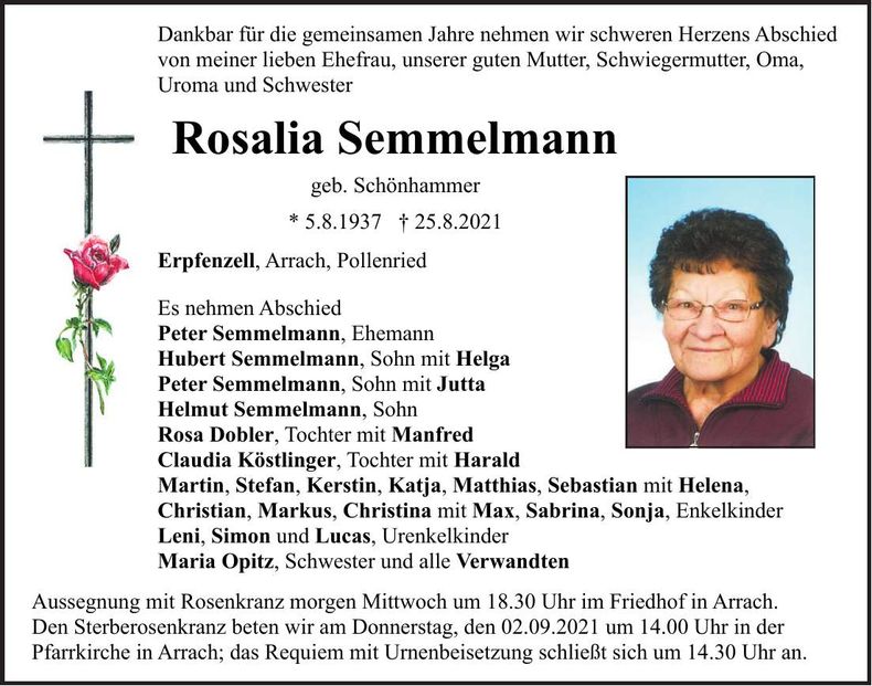 Traueranzeige Rosalia Semmelmann