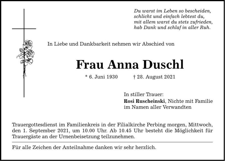 Traueranzeige Anna Duschl