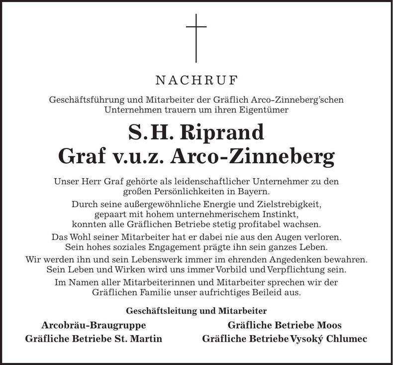 Traueranzeige Riprand Graf von und zu Arco-Zinneberg
