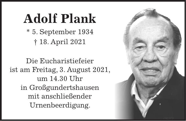 Traueranzeige Adolf Plank