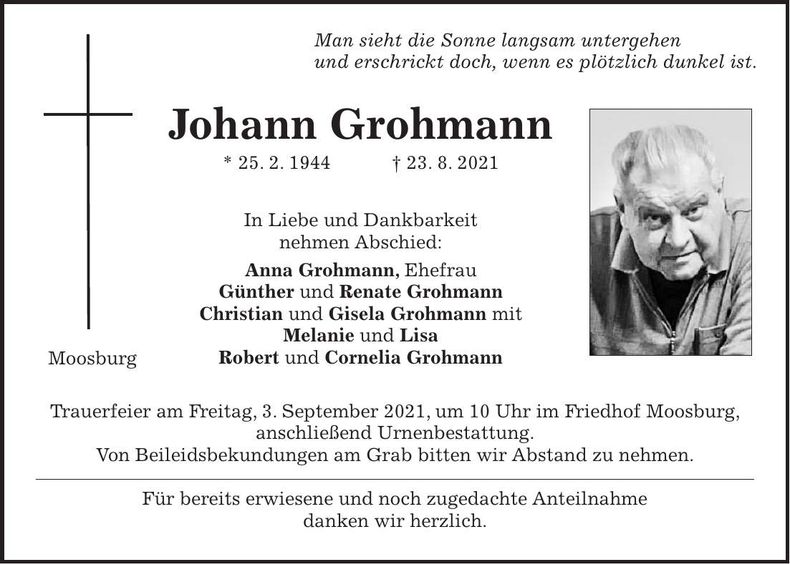 Traueranzeige Johann Grohmann