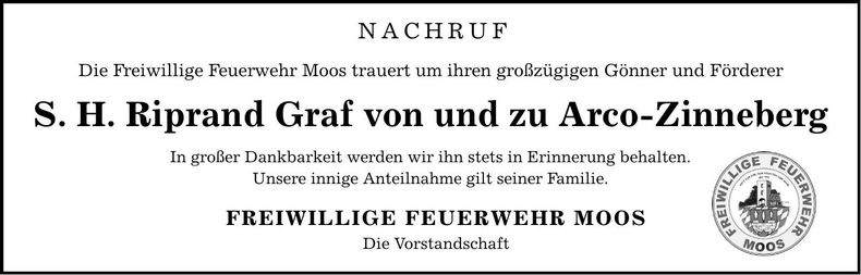 Traueranzeige Riprand Arco-Zinneberg