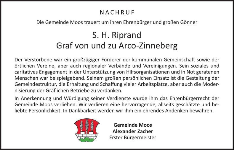 Traueranzeige Riprand Graf von und zu Arco-Zinneberg