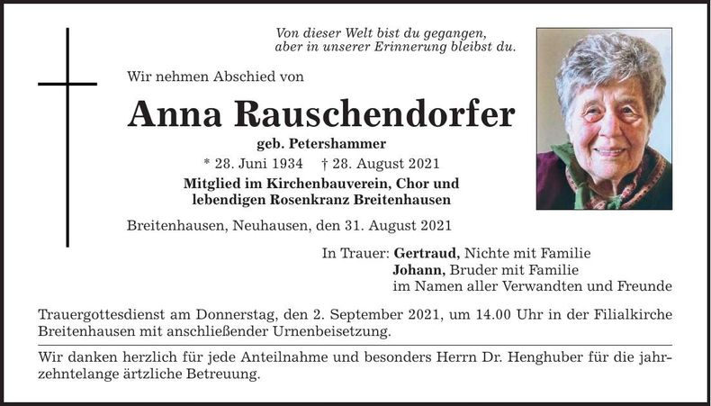 Traueranzeige Anna Rauschendorfer
