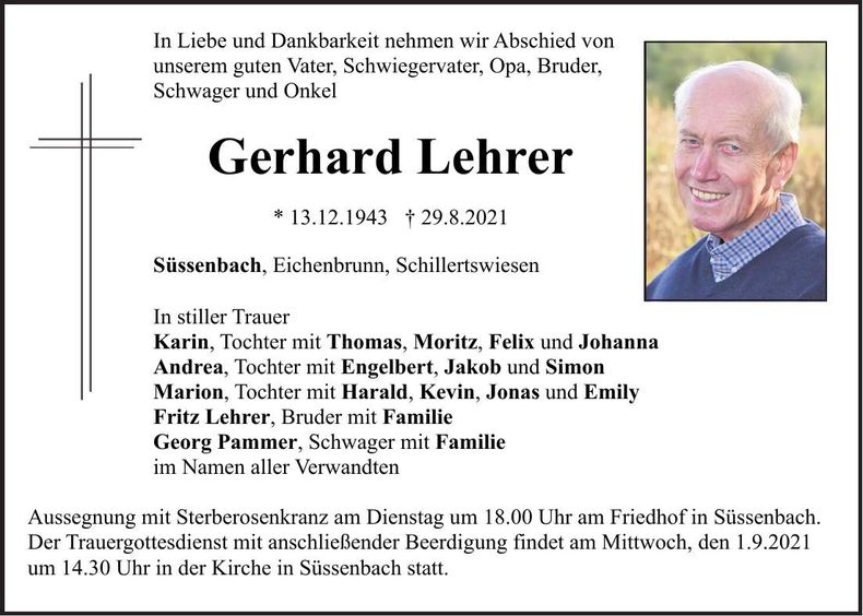 Traueranzeige Gerhard Lehrer
