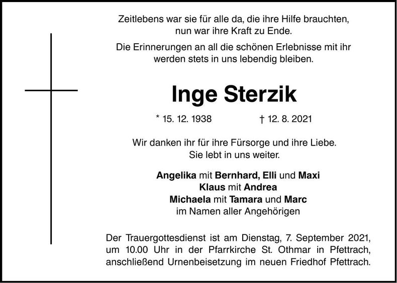 Traueranzeige Inge Sterzik