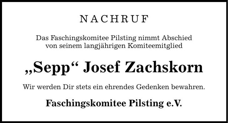 Traueranzeige Josef Zachskorn