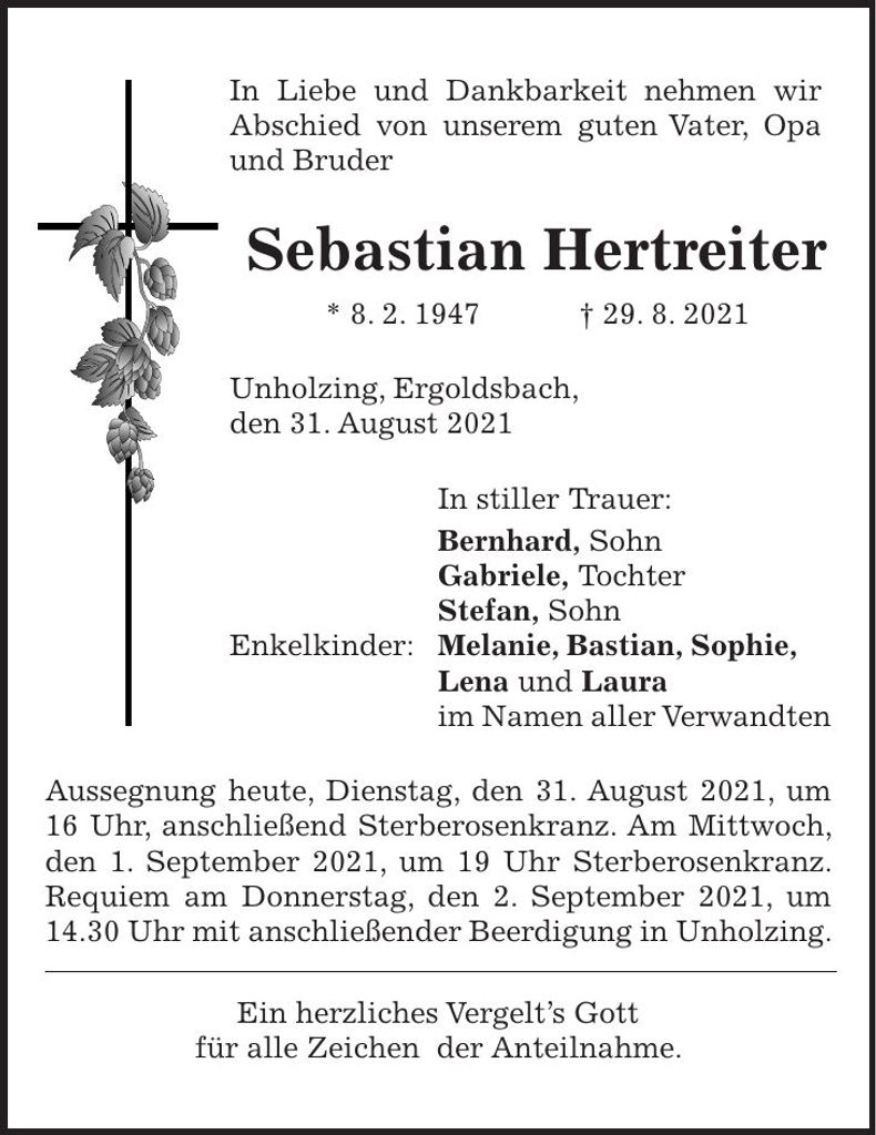 Traueranzeige Sebastian Hertreiter