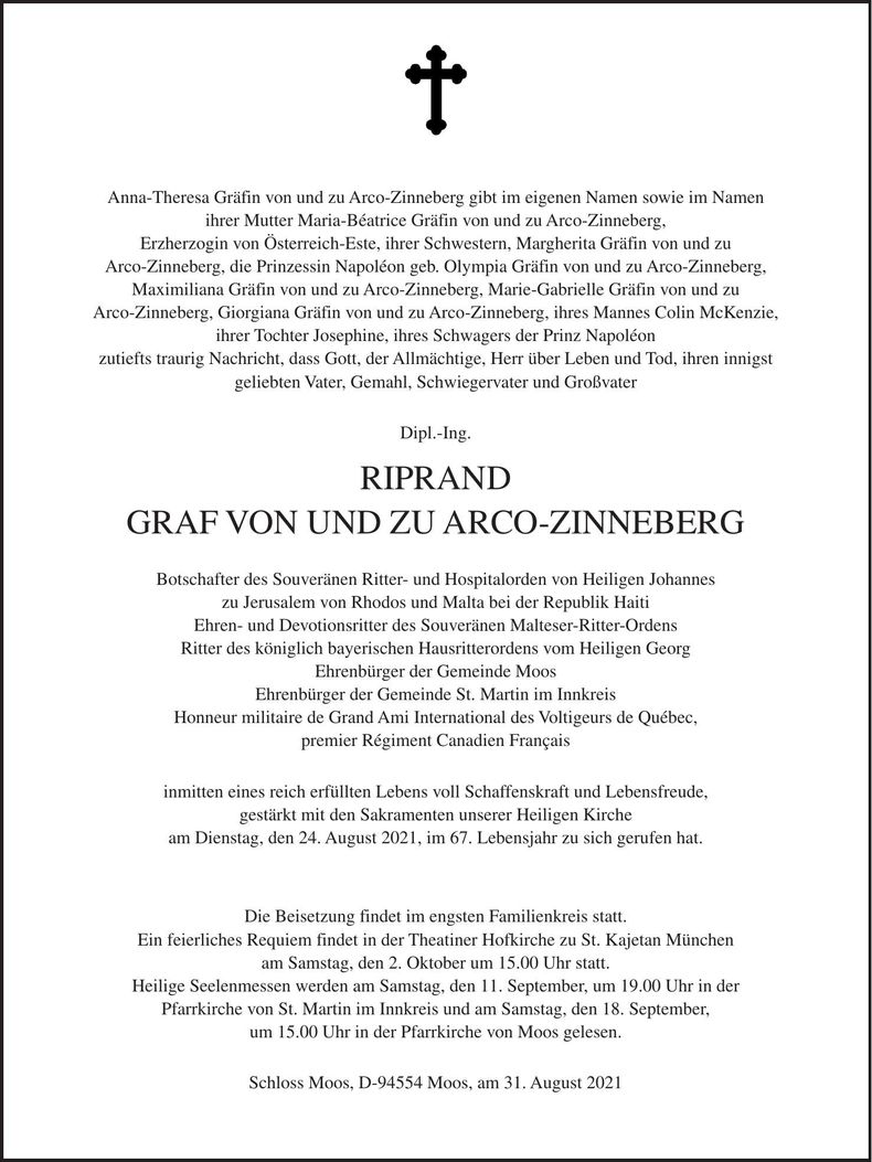 Traueranzeige Riprand Graf von und zu Arco-Zinneberg