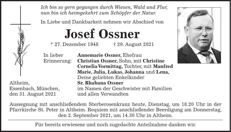 Traueranzeige Josef Ossner
